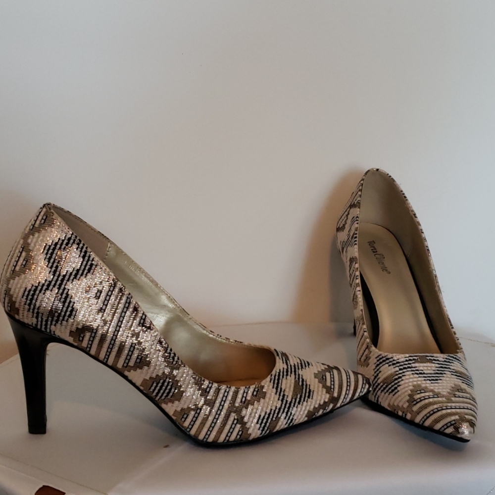Cream, gold and black heels